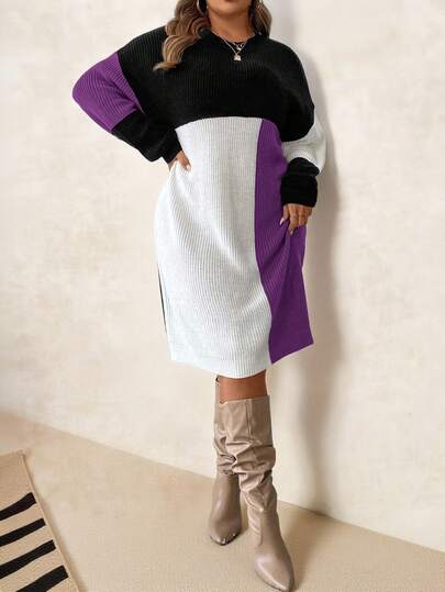 SHEIN Clasi Plus Size Women's Elegant Color Block Spliced Round Neck Long Sleeve Drop Shoulder Autumn Winter Warm Sweater Dressbusiness Casual Woman,Work Wear,Fall Wedding Guest Dress,