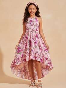 Travachic KIDS Travachic KIDS Tween Girl Back-Tie Sleeveless Floral Print Dress For Resort Vacation Holiday Outfits - Pink - View 2