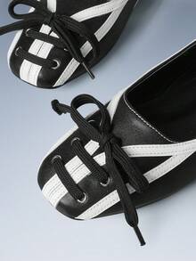 CUCCOO GRLICON Women's Lace-Up Design Casual Versatile Flat Loafers For Christmas - Black and White - View 3