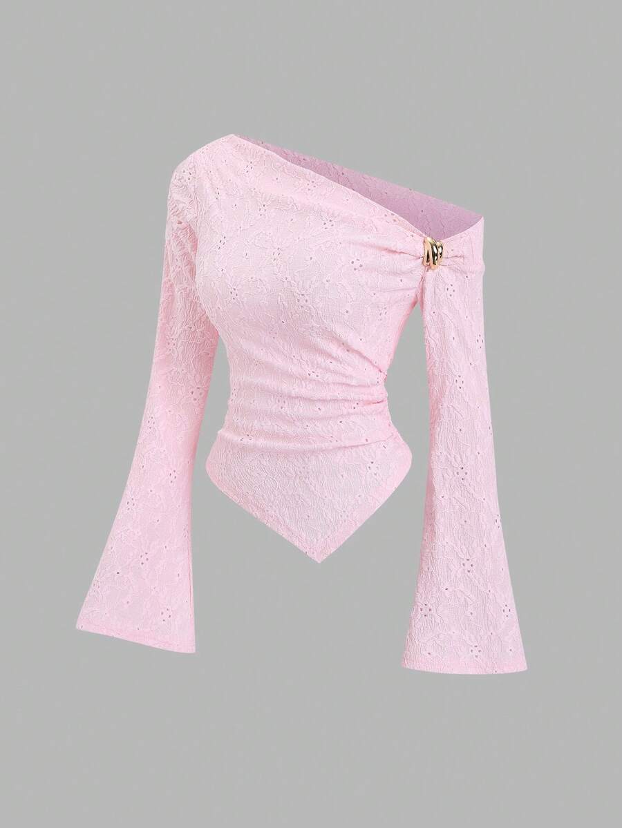 Sweetra Sexy Asymmetric Shoulder Textured Fabric Asymmetrical Hem Casual Top - Pink - View 1
