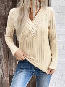 EMERY ROSE Áo thun nữ cổ chữ V LUNE, hàng mới cho thương mại điện tử xuyên biên giới, Thu/Đông - Màu be - Xem 4