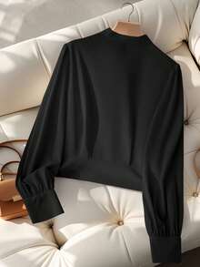 SHEIN PETITE 女士织工的素色通勤秋季衬衫 - 黑色 - 查看 2