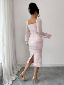 Elenzga Elegant Tweed Patchwork Chiffon Collared Dress, Suitable For Dates And Holidays - Pink - View 2