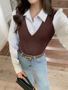 Elyressa 女士条纹拼接衬衫领二合一长袖休闲上衣 - 棕色 - 查看 4