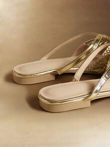 Rosivie Sandalias planas romanas tejidas a mano para mujer, con cierre deslizante y punta cerrada, adecuadas para fiestas, eventos, festivales, discotecas, zapatos planos sexy para otoño - Dorado - Ver 8