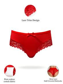 Valentine's Day Fashionable Lace Patchwork Panties - Red - View 5