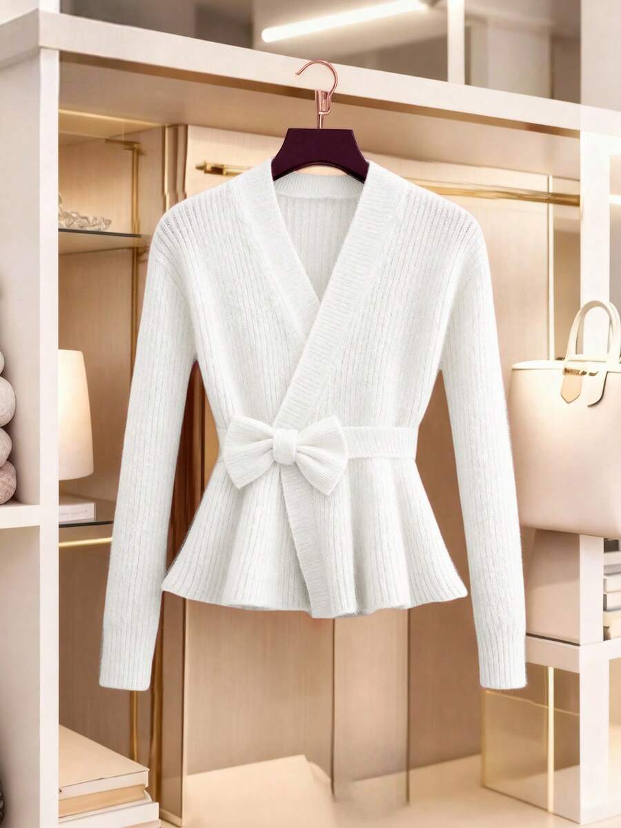GlowEve Áo len cardigan tay dài thời trang châu Âu và Mỹ mới dành cho nữ màu trơn thanh lịch đa năng có nơ trang trí - trắng - Xem 1