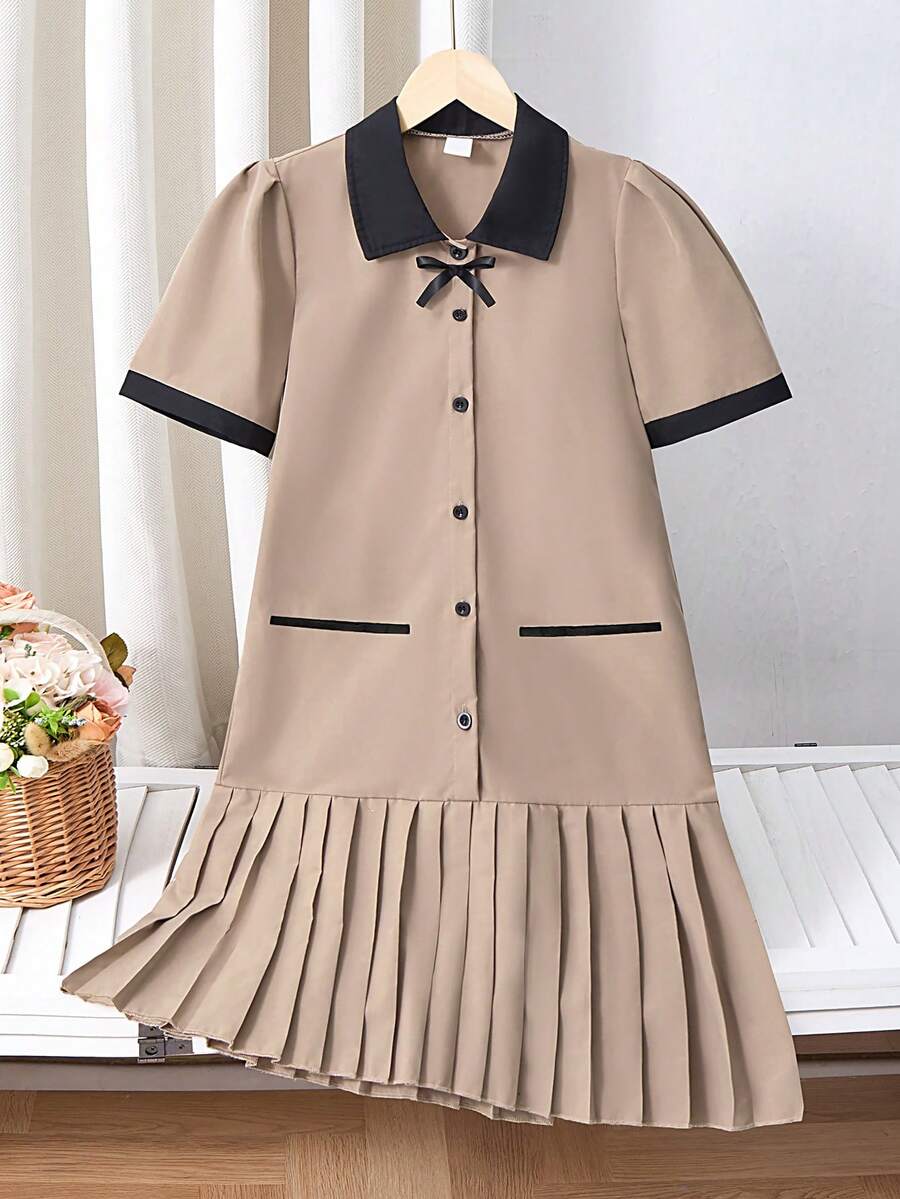 Elladie kids 女童甜美可爱百褶连衣裙,学院风,时尚简约百搭休闲款 - 卡其色 - 查看 1