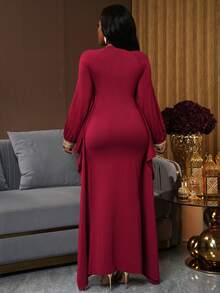 SHEIN Ladiora 女士金色蕾丝边连帽斗篷式针织连衣裙 - 酒紅色 - 查看 2