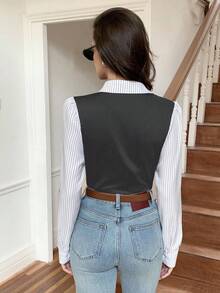 Elyressa Women's Striped Patchwork Shirt Collar 2 In 1 Long Sleeve Casual Top - Dark Grey - View 2