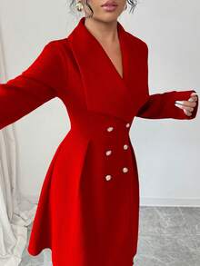SHEIN Elenzya 女士双排扣翻领羊毛混纺优雅休闲通勤商务约会派对圣诞大衣，酒红色，秋冬款 - 紅色 - 查看 5