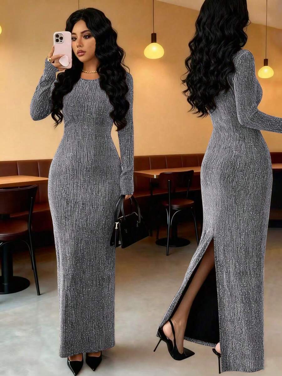 Elenzga Women's Rhinestone Embellished Fitted Long Dress - Silver - View 1