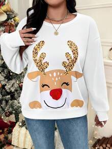 SHEIN VCAY Plus Size Christmas Cartoon Print Sweatshirt In Fall/Winter - White - View 5