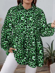 SHEIN LUNE Top de Manga Longa com Estampa de Onça Plus Size para Mulheres, Top de Onça de Outono/Inverno, Top Feminina com Botões, Top Casual de Trabalho, Top de Negócios, Top de Ação de Graças e Feriados - Verde - Visão 3