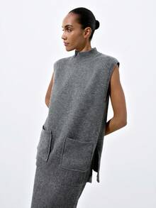 Maija Women's Solid Color Minimalist Sleeveless Top And Skirt 2 Pieces Knit Set, Everyday Wear, Winter Clothes For Women, Women's Winter Sets, Women's Winter Clothes, New Year Outfit, Thanksgiving,Gray Turtleneck Sweater, A Practical And Versatile Style,Warm