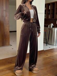 Muchica 天鹅绒抽绳连帽拉链上衣和阔腿裤，秋季两件套服装