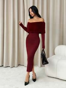 SHEIN PETITE Women's Burgundy Elegant Open Shoulder Christmas Dress,Autumn Plush Fur Trim Fitted Long Dress For Parties,Dining,Weddings & New Year's Eve Gown ,Petite Women - Burgundy - View 11