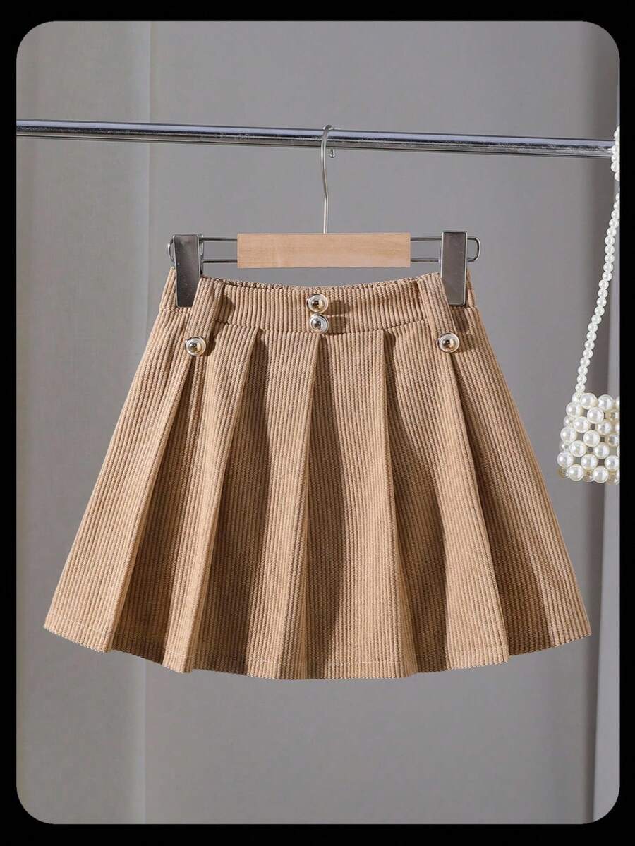 SHEIN Falda mini plisada de estilo francés elegante, de moda, casual y versátil para niñas, adecuada para la escuela, vacaciones, viajes y todas las estaciones - Caqui - Ver 1