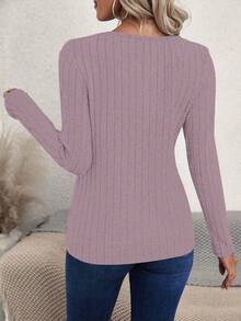 EMERY ROSE Áo thun nữ cổ tròn tay dài màu trơn tối giản mặc hàng ngày có nút trang trí - Màu Hồng baby - Xem 2