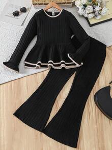 Sparklyn Girls' Spring/Autumn Flare Sleeve Top And Pants Casual Street Fashion Suit - Black - View 3