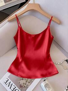 GlowEve Women's Shiny Woven Fabric Sleeveless Gathered Waist Fitted Casual Camisole, Suitable For Spring, Autumn And Winter - Red - View 2