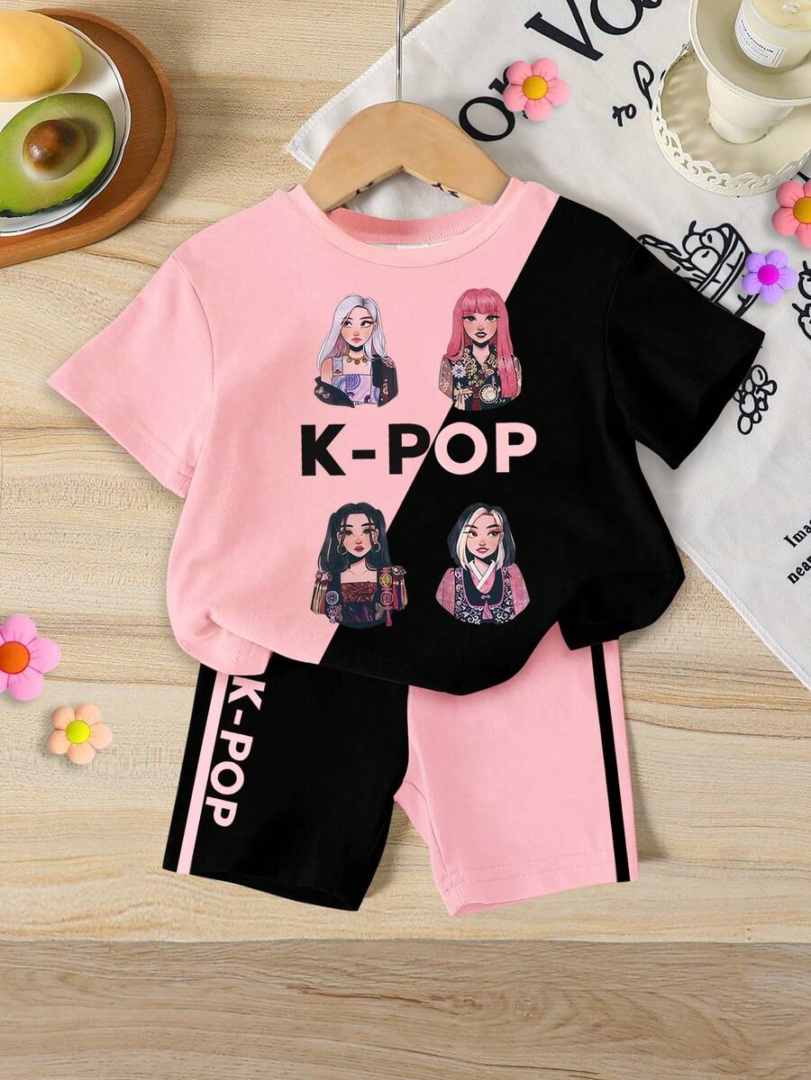 Bộ 2 món/Bộ áo thun cổ tròn tay ngắn in họa tiết hoạt hình K-POP thường ngày cho bé gái, trang phục dệt kim thoải mái để mặc hàng ngày và ngày lễ - Nhiều màu - Xem 1