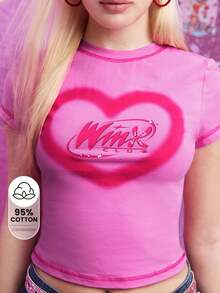 The Winx X SHEIN 女士心形字母图案圆领短袖T恤，适合夏季