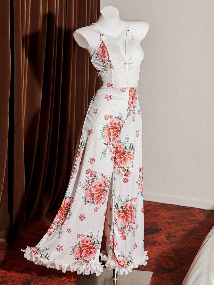 Slumberist جمبسوت قصيرة مطبوعة بالزهور والدانتيل للنساء، جذابة - أبيض - مشاهدة 5