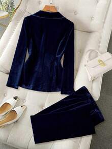 SHEIN PETITE Women's Elegant All-Match Versatile Party Velvet Blazer And Pants 2 Pieces Set, Autumn/Winter