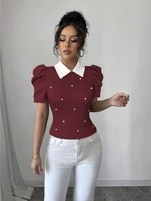 Elenzga Áo thun nữ dáng ôm cổ đính hạt đen trắng tương phản thanh lịch mặc hàng ngày - Màu Đỏ Sâu - Xem 4