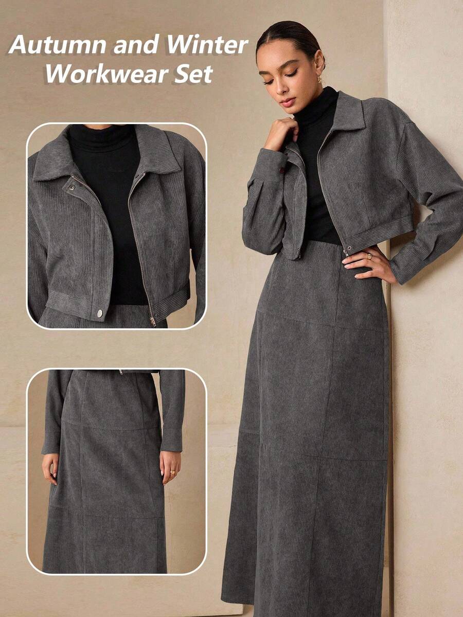 Graceveil Veste en velours côtelé marron chocolat pour femme avec une touche rétro, associée à une jupe longue fendue pour une tenue d'automne stylée - Gris - Voir 1