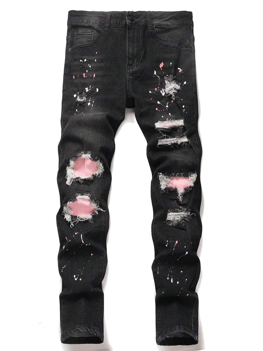 Manfinity Roghcode Jeans déchirés mode casual à taille haute pour hommes - Noir - Voir 1