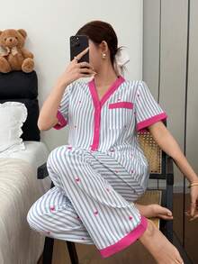 SHEIN 女士爱心条纹印花撞色短袖睡衣套装 - 彩色 - 查看 3