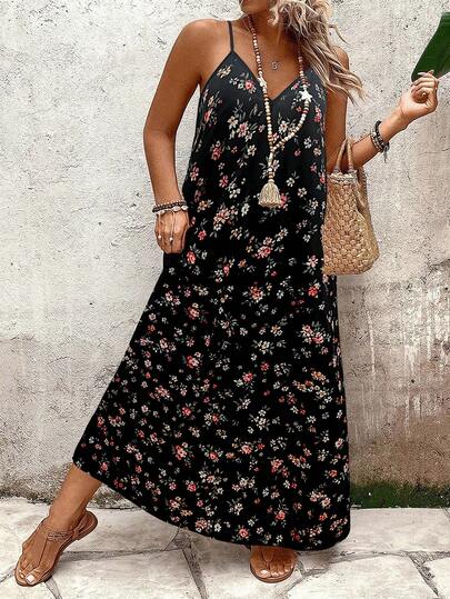 Breezaya 大码女式碎花宽松无袖连衣裙，春夏休闲度假装