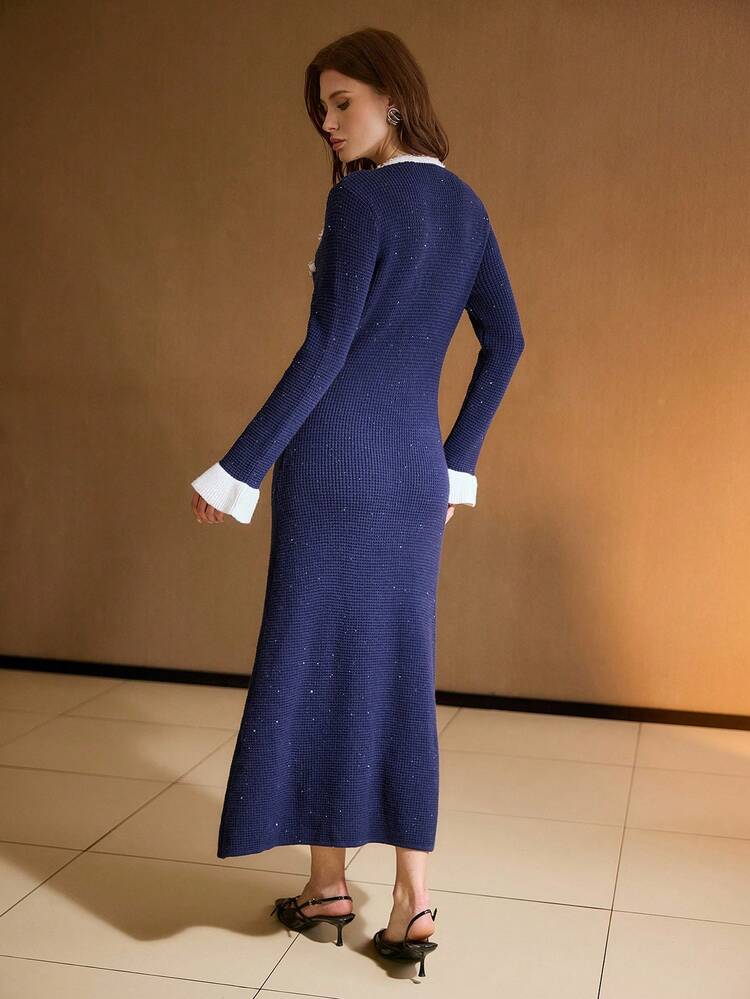 CONTRAST BINDING POCKET SLIM FIT SWEATER DRESS