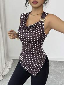 Islaluna Chic Women's Cowl Neck Polka Dot Knitted Tank Top In Brown Asymmetrical Regular Length Casual Style - Brown - View 1