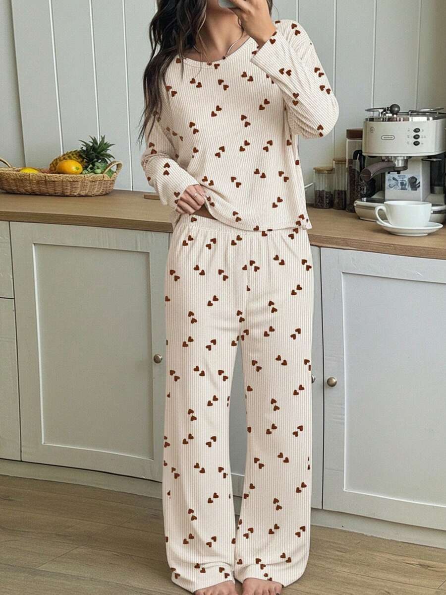 SHEIN Leap Crew 2件套少女复古甜美可爱条纹爱心印花长袖T恤和裤子宽松休闲睡衣套装，秋冬款 - 彩色 - 查看 1
