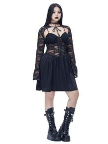 Coolane Vestido negro de manga larga con encaje de contraste, estilo gótico, Y2K, para salir, rave, feria del renacimiento, club, fiesta y vintage, para mujer, apto para todas las estaciones - Negro - Ver 3
