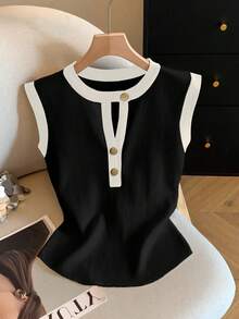 SHEIN Clasi Blusa casual de talla grande con tejido de punto y bloqueo de color - Negro - Ver 1