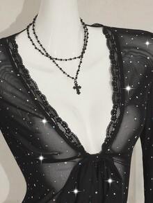 SHEIN ICON 女士Y2K黑色闪亮亮片撞色蕾丝亮片网纱前系带性感时尚上衣 - 黑色 - 查看 7