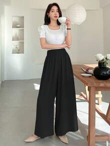 Dazy Tall Quần ống rộng lưng thun co giãn màu trơn cho nữ, quần dài thường ngày - màu đen - Xem 2