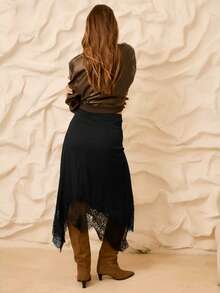 Aralina Chân váy xếp ly cao xẻ tà ren trơn màu thanh lịch dành cho nữ - màu đen - Xem 2