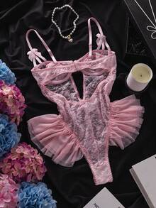 SHEIN Bộ đồ liền thân ren lưới xếp nếp họa tiết bướm có gọng, gợi cảm và trong suốt dành cho nữ - Hồng - Xem 2