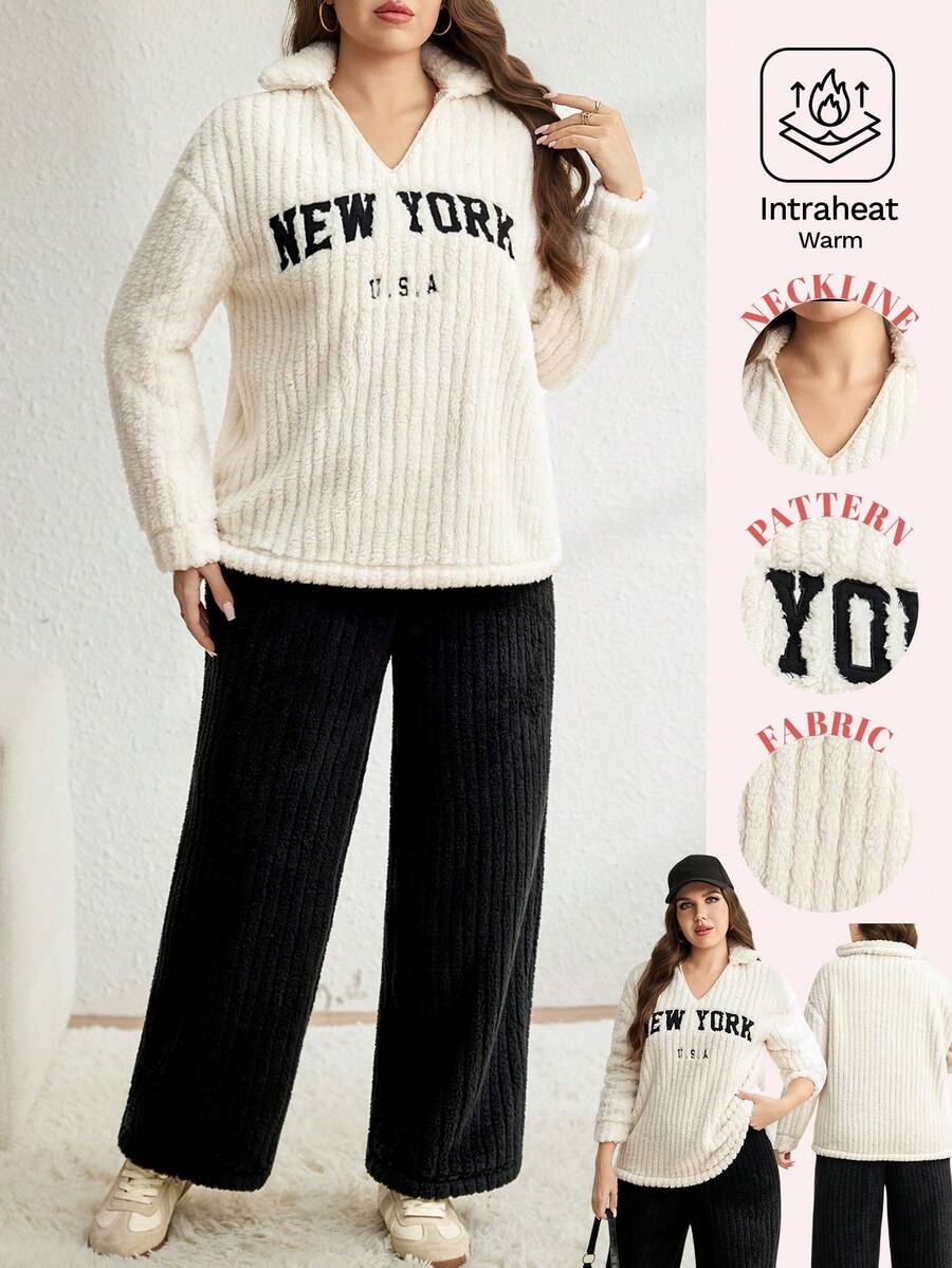 SHEIN LUNE Plus Size 2pcs/Set Solid Color Lapel Long Sleeve Top And Pants Casual Outfit,Winter Thermal Lined Knit Sweater Lounge Wear Sets,Black And White School - Multicolor - View 1