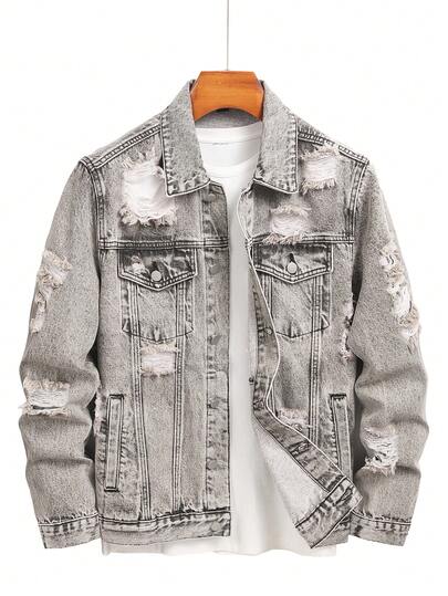 Manfinity Roughcore Veste en jean délavé gris décontractée pour homme, style de rue