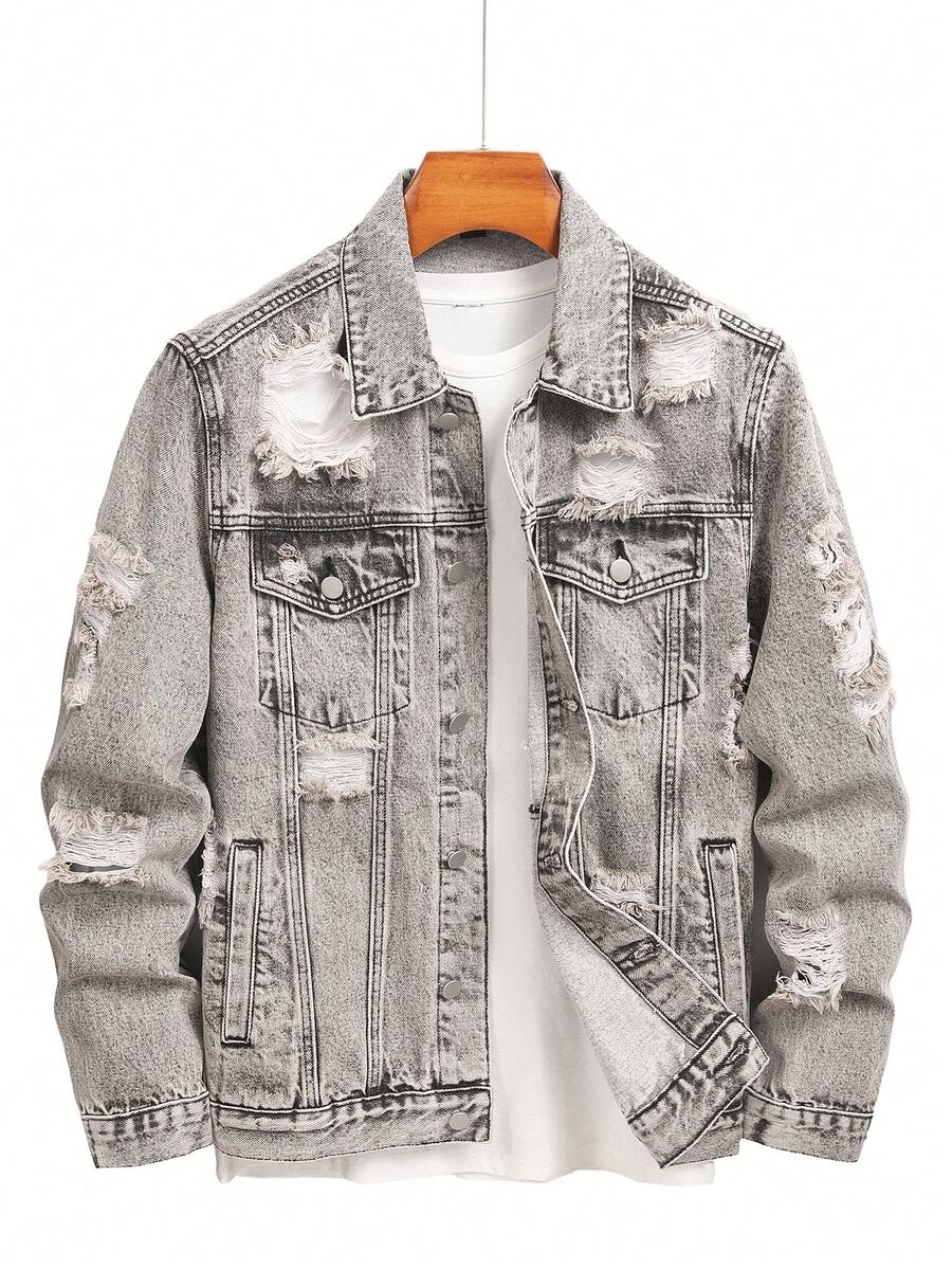 Manfinity Roughcore Chaqueta vaquera gris desgastada casual para hombre, estilo urbano - Gris - Ver 1