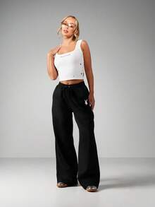 Missguided x Playboy 宽松阔腿运动裤，配有抽绳腰带和钻石水钻标志细节 - 黑色 - 查看 3