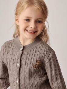 PrepCrw Young Girls' Collegiate Style Bear Embroidery Patch Front Knit Cardigan - Camel - View 5
