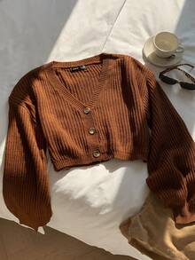 SHEIN EZwear 纯色纽扣前罗纹针织开衫、长袖上衣、秋冬针织毛衣