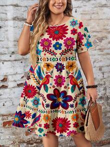 Mellowie 音乐节休闲简约花卉印花宽松圆领短袖大码连衣裙，适合春夏季